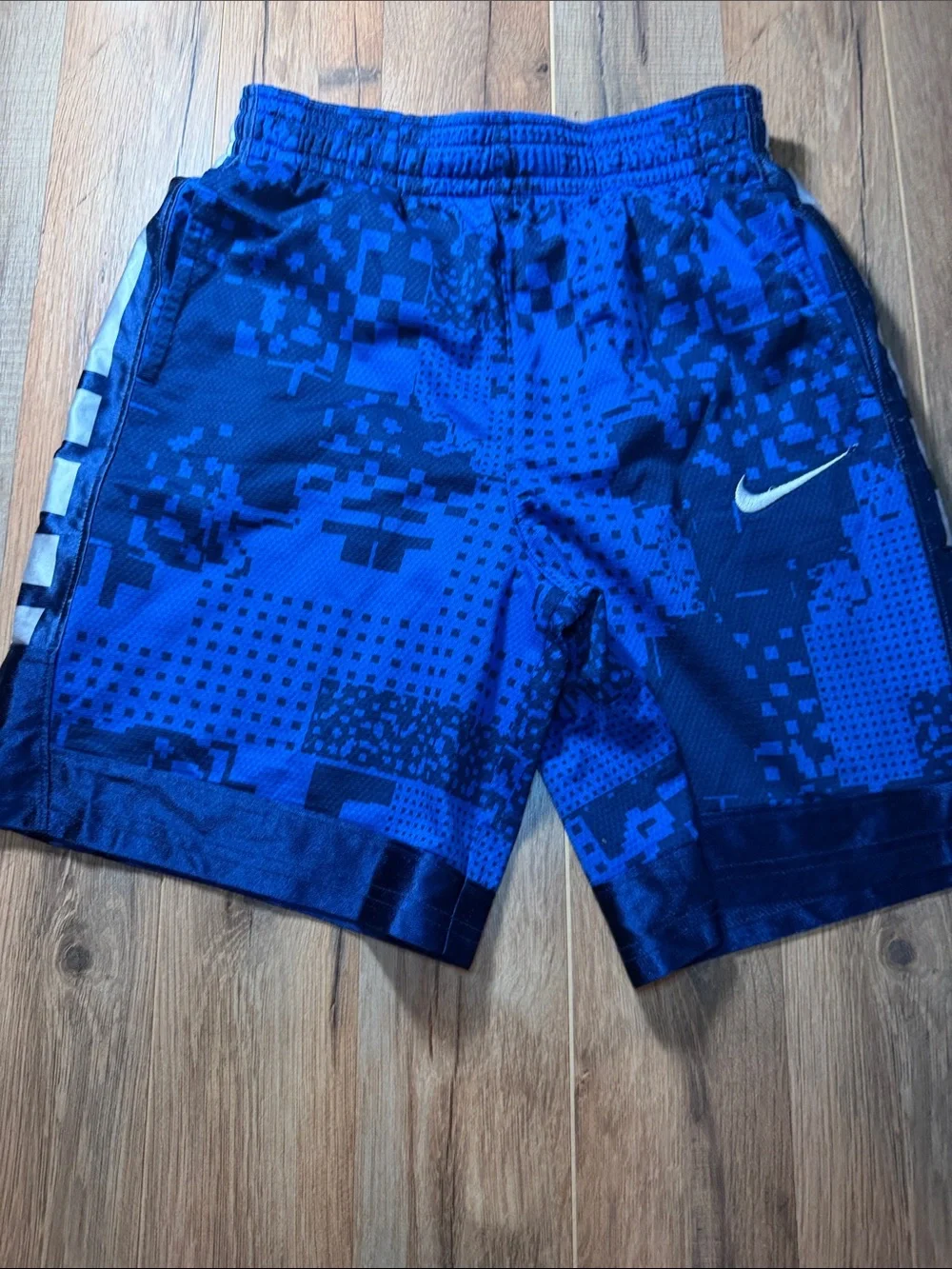 Nike Boys Royal Blue Pixel-Print Athletic Shorts with White Swoosh